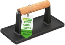 Nutrichef Cast Iron Grill Press - Heavy-Duty Griddle with Wooden Black 