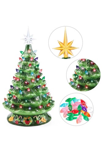 Joiedomi 15" Ceramic Christmas Tree with Decorations Green