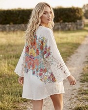 NEW Johnny Was L Large White Floral Kimono Top Cardigan Eyelet Lace Wrap Cool