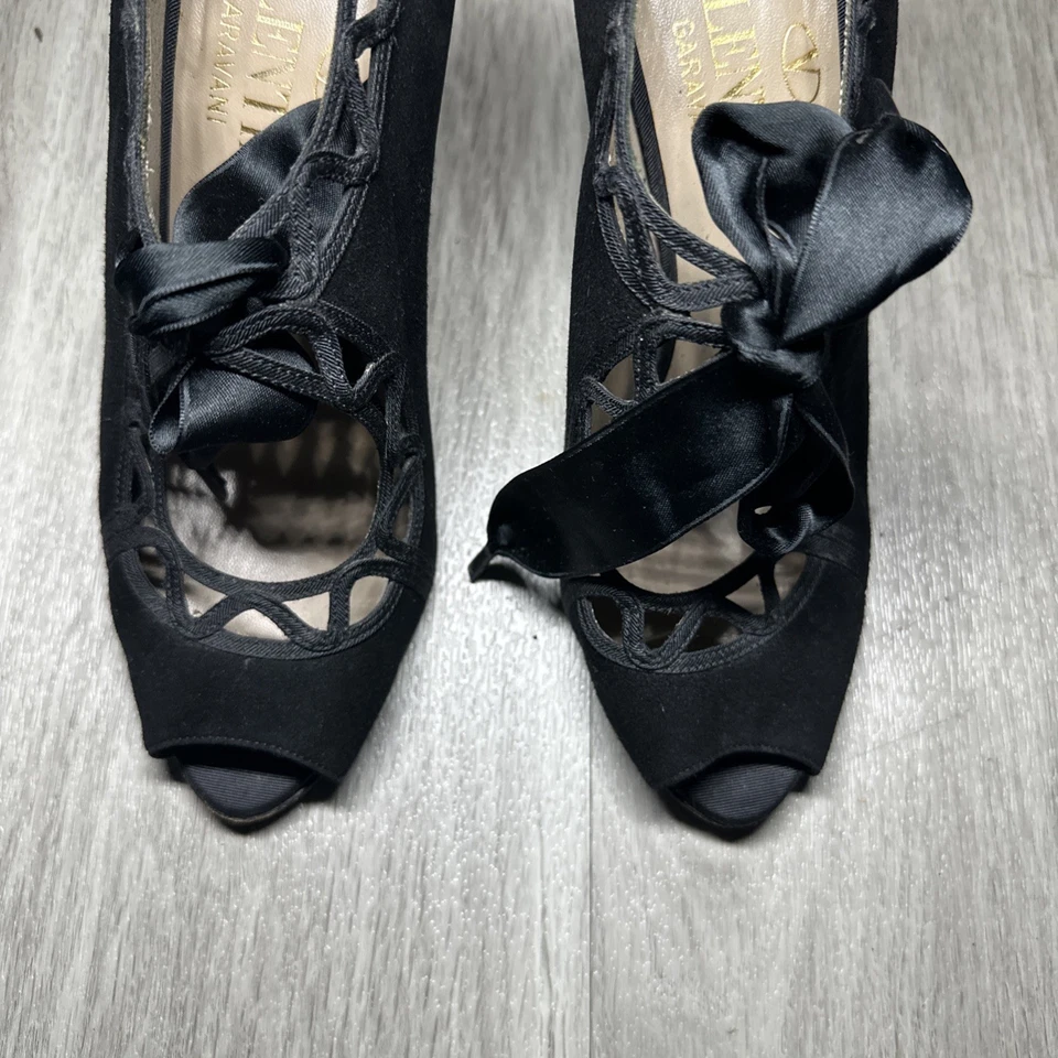 Женские черные замшевые туфли из нубука с бантом и открытым носком VALENTINO ЕВРО 37/ США 6 - Изображение 3 из 4