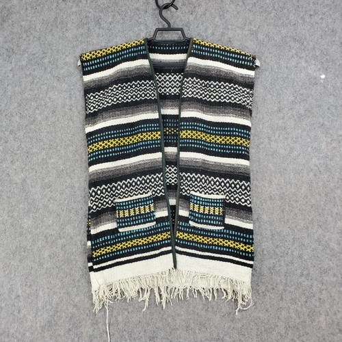 Rug Vest Womens Medium Black Woven Stripe Fringe Hem Open Front Boho Pockets