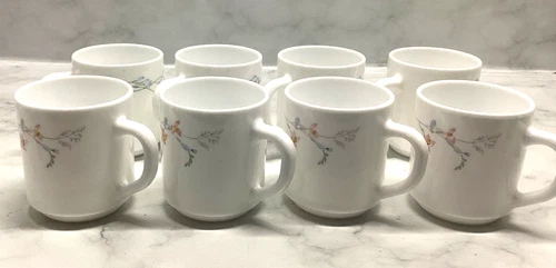 Arcopal France Odessa Pattern Floral 8 oz. White Glass Mugs Cups set of 8