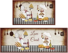 Fat Chef Kitchen Rugs Sets of 2, Love Cook Farmhouse Washable anti Fatigue Kitch