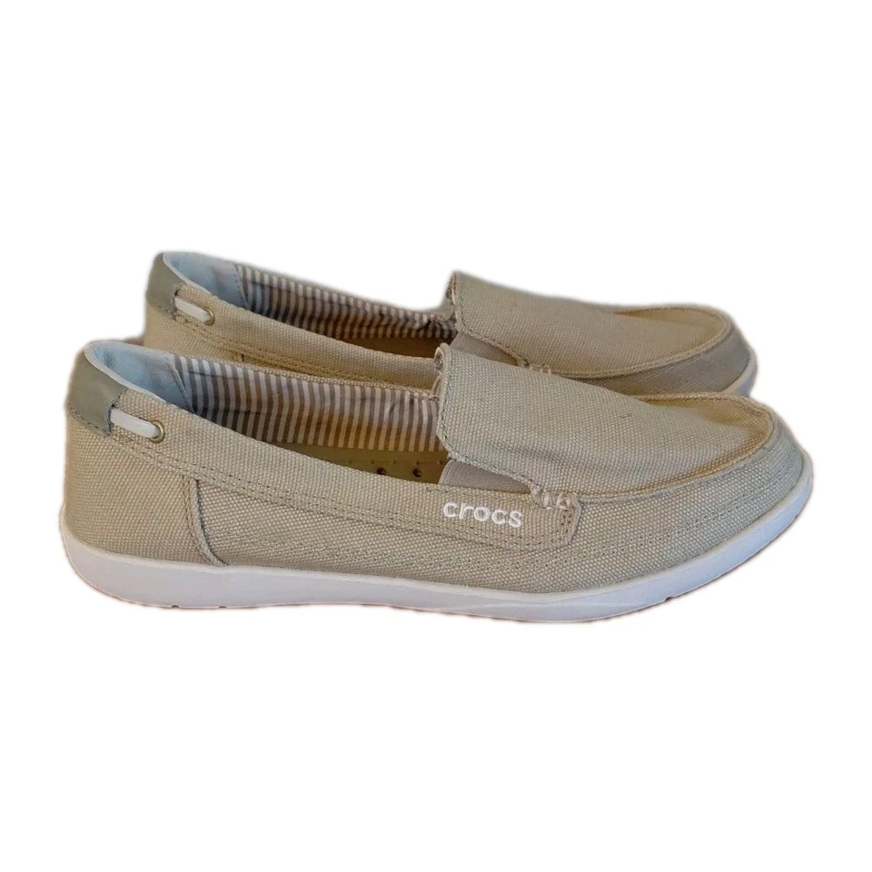 Crocs Women's Size 9 Walu Canvas Slip-On Loafers Boat Shoes Flats Khaki Color - Image 2 of 4