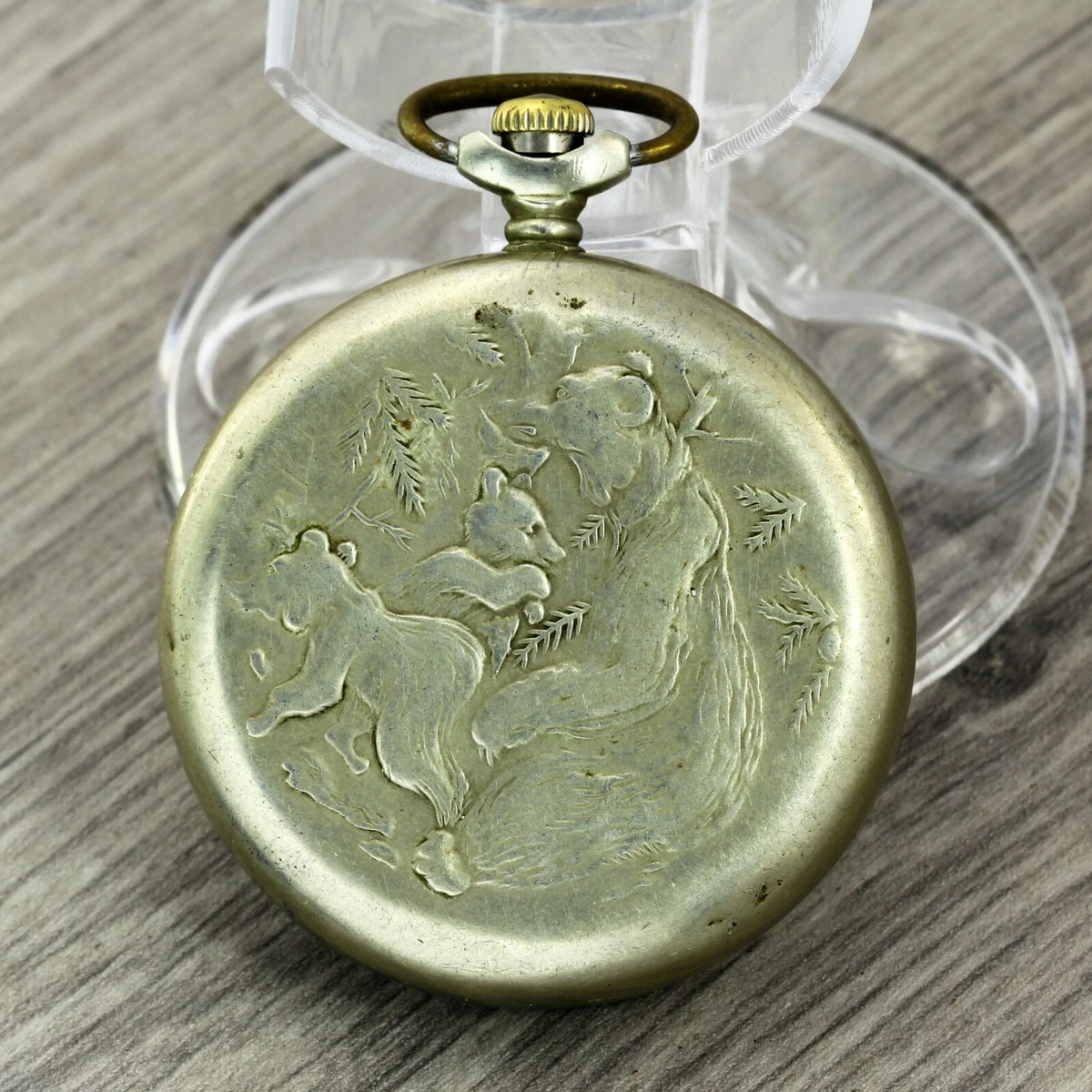 RARE Molnija three bears 3602 mechanical USSR Soviet pocket watch 18 jewels