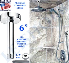 BATHROOM CEILING MOUNT SHOWER ARM 6" WITH FLANGE CHROME SOLID BRASS 1/2" PIPE