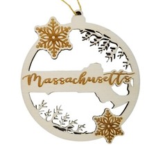Massachusetts Wood Ornament - MA State Shape with Snowflakes Cutout - Handmade