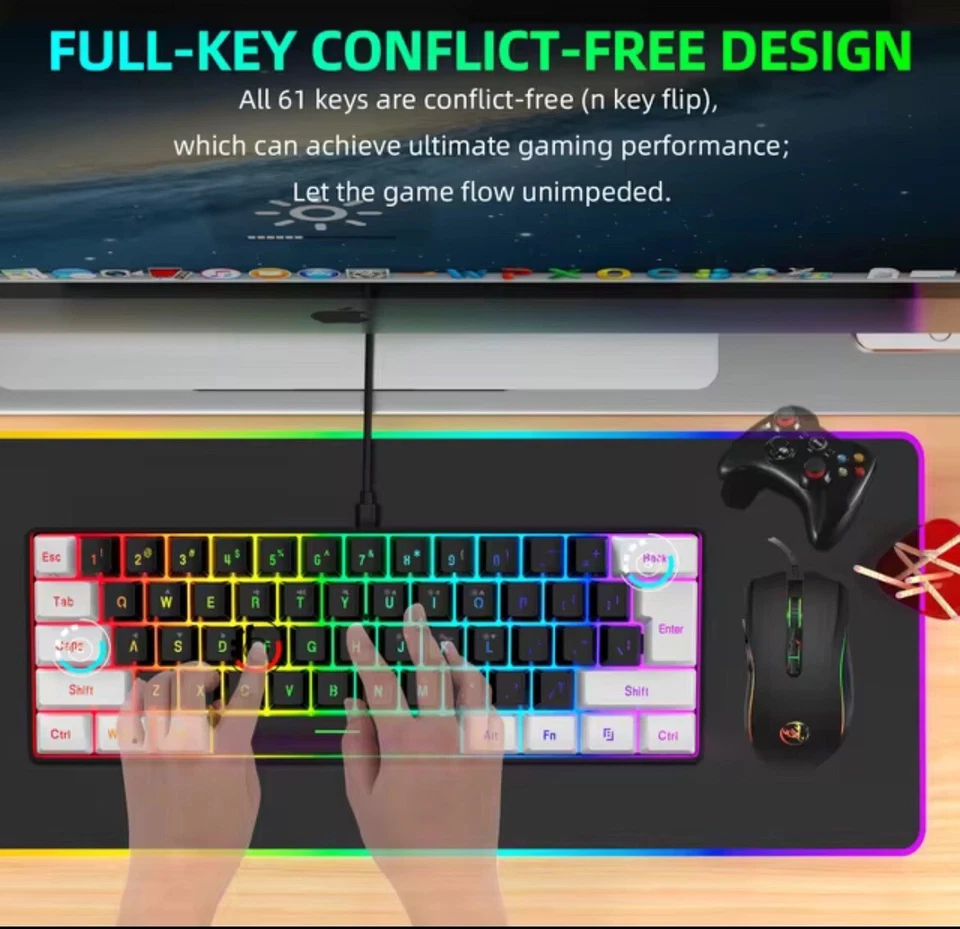 New 61keys Wired White Black Keyboard RGB Gaming Mouse Office Kit Backlight - Image 3 of 4
