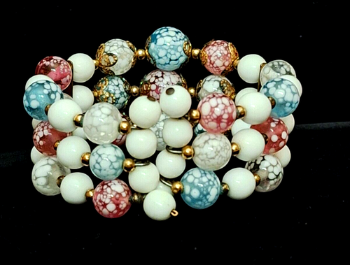 Bracciale Vintage Murano Veneziano Vetro Perline Filo Avvolgente Tono Oro Bianco Blu Rosa - Foto 3 di 6