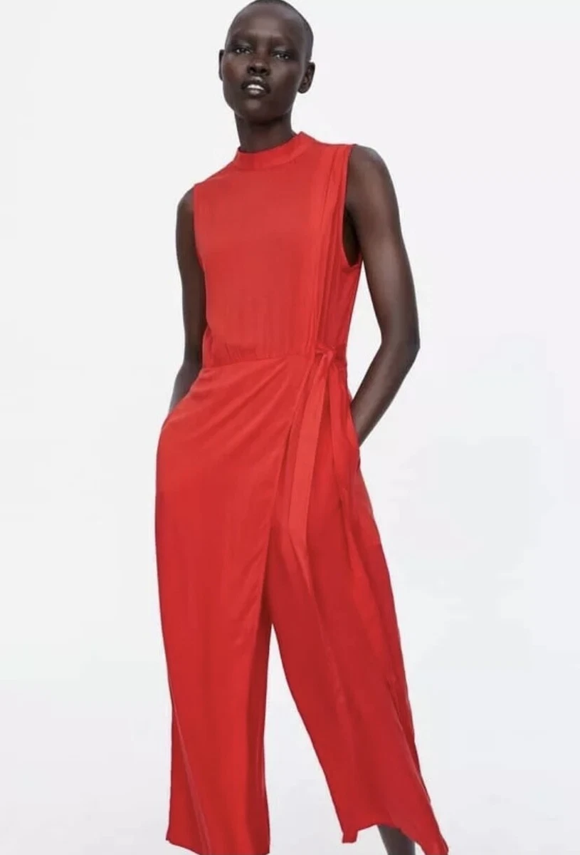 Zara Wide Jumpsuit With Tie Red pareo 5899 073 Size M NWT