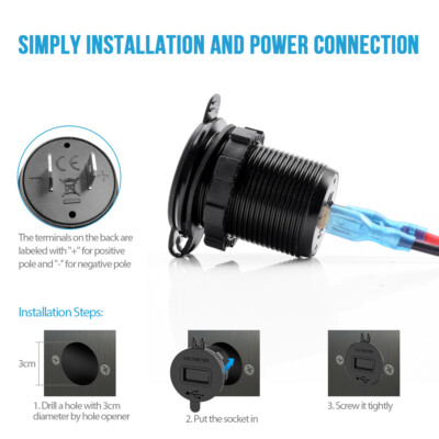 12V USB Fast Car Charger with Digital Voltmeter & Blue LED Display Waterproof