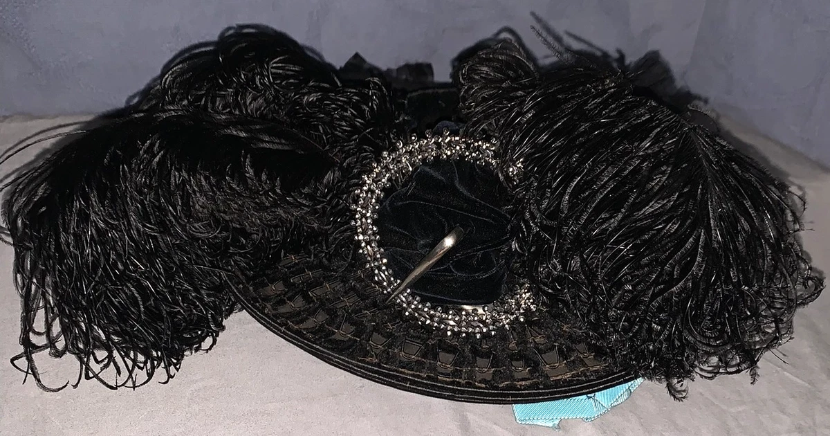 VTG  Black Wool Felt Hat Rhinestones Feather and Face Netting USA MADE * Vintage Feather Hats for Women for sale - eBay main image 4