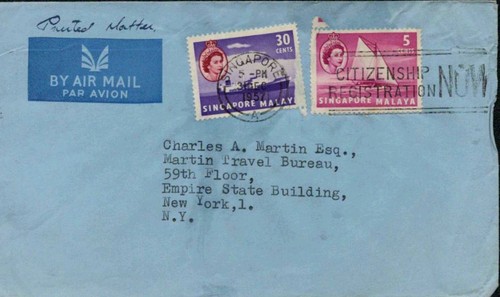 1957 Malaya Singapore Cover Airmail to USA with 2 Stamps