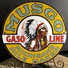 VINTAGE MUSGO GASOLINE PORCELAIN GAS MOTOR OIL MICHIGAN MILE SIGN