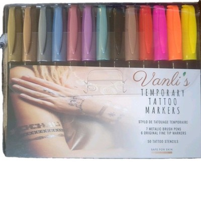 VANLI'S TEMPORARY TATTOO MARKERS 7 METALIC BRUSH PEN.6 ORIGINAL FINE PEN MARKERS