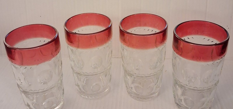 Tiffan Kings Crown Thumbprint Clear With Red Flashing Highball Glasses set of 4