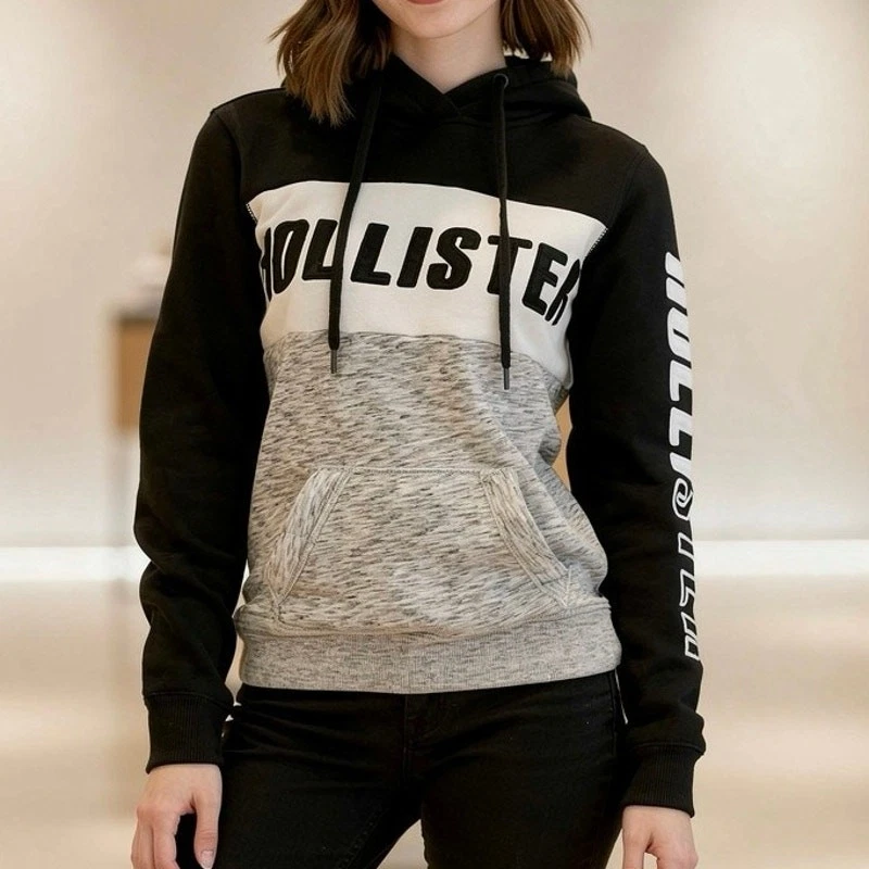 Hollister Colorblock Graphic Hoodie XS Black White Gray Pullover