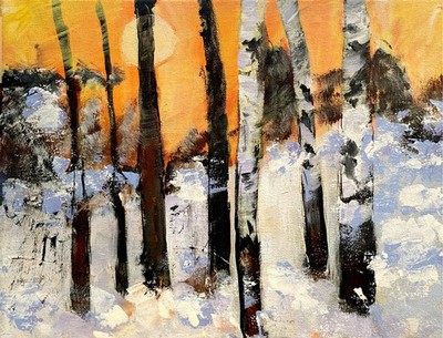 Mary Myers Original   Winter Birch Trees at Sunset   11x14 Canvas