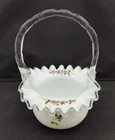 Fenton Silver Crest Violets In The Snow Ruffled Glass Basket 6" Tall