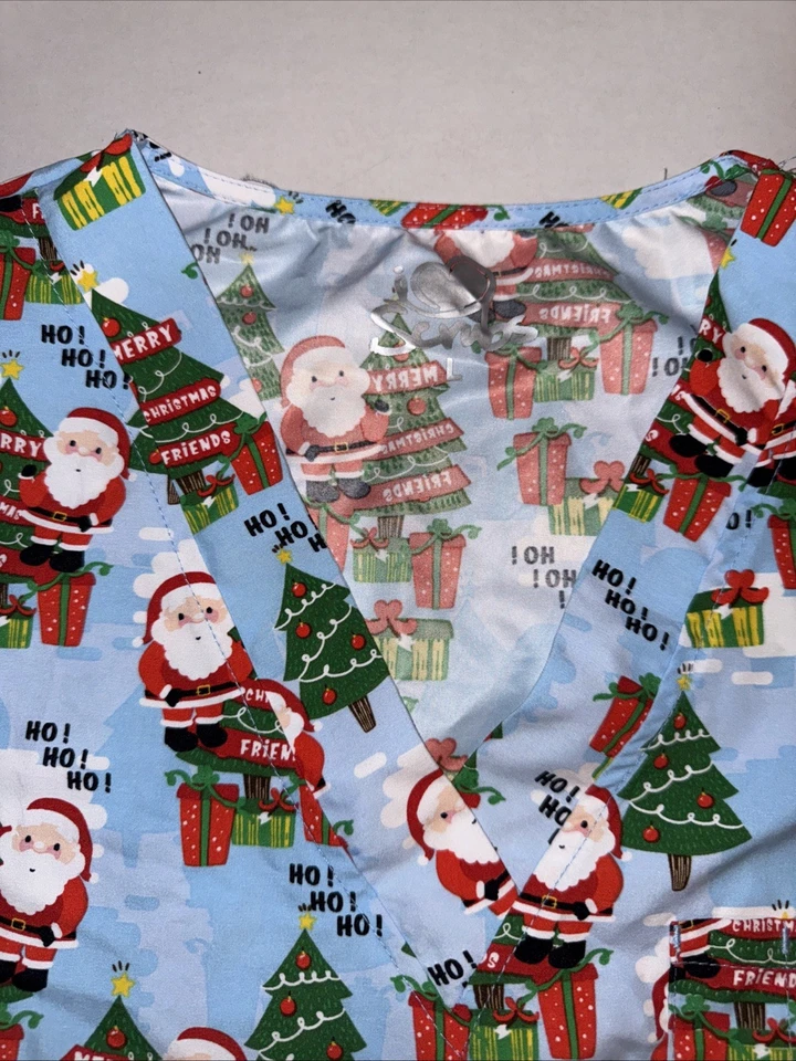 I Love Scrubs Uniform Scrub Top Shirt CHRISTMAS CHEER Christmas Tree Large Santa - Image 4 of 4