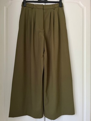 M&S Marks And Spencer Olive Green Khaki Triple Pleat Wide Leg Trousers 10 Long