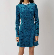 Maje crushed blue velvet dress lace collar French designer size 40 romantic look