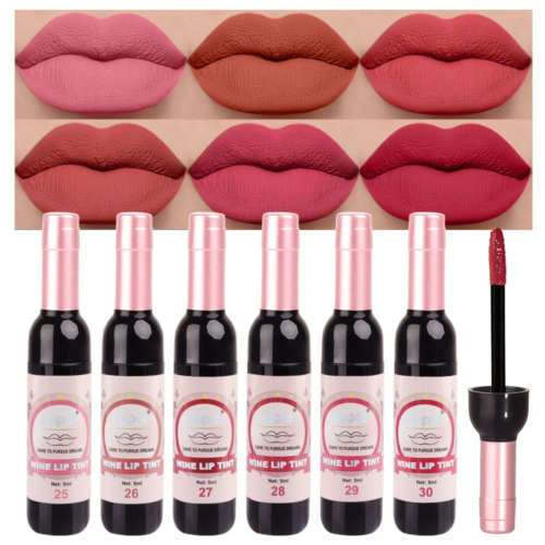 6 Colors Matte Red Wine Liquid Lipstick Pack Set,Wine Lip Tint Long Lasting 24 H