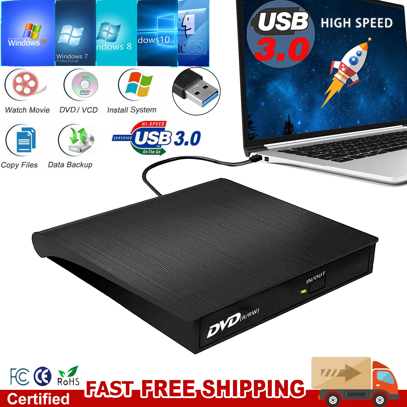 External USB 3.0 DVD RW CD ROM Writer Drive Burner Reader Player For Laptop PC