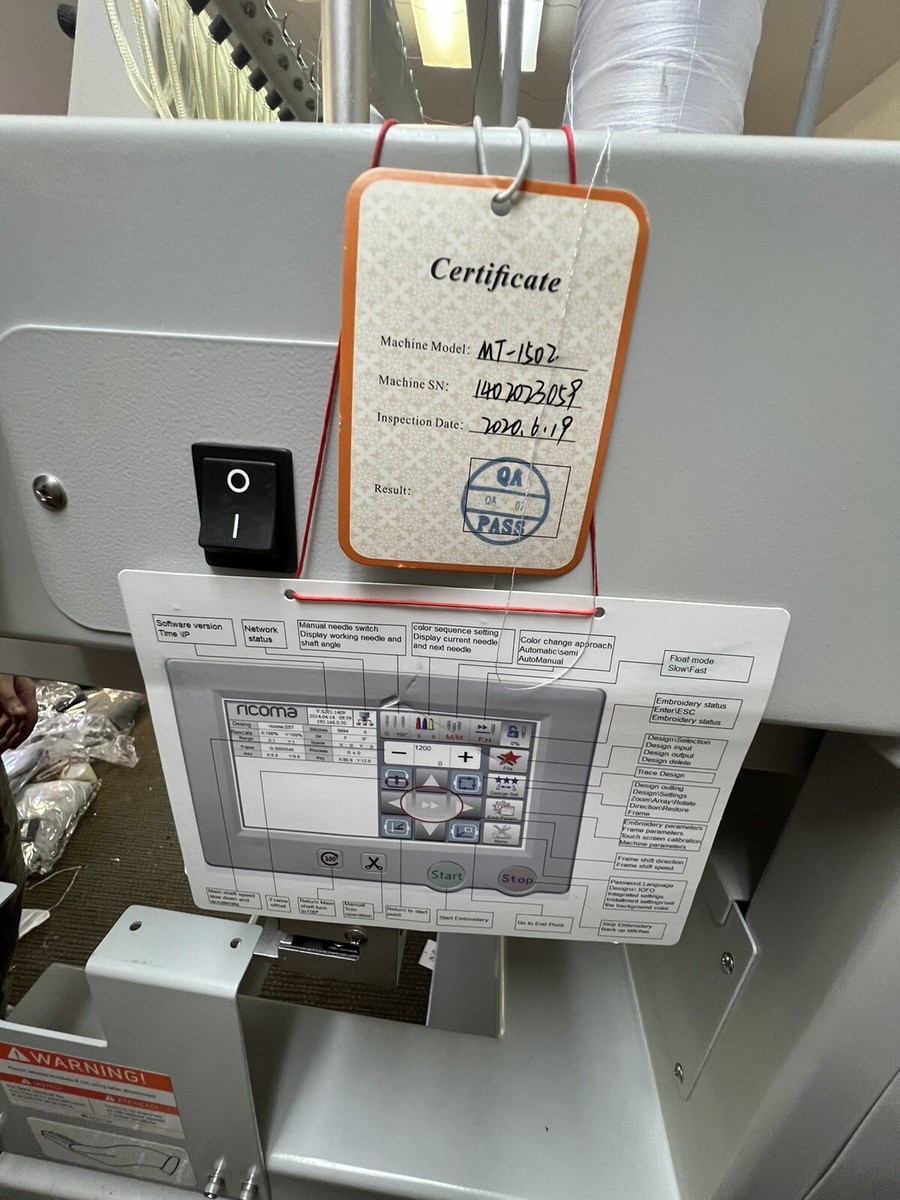 RICOMA MT-1502 Commercial Embroidery Machine - 2 Heads - 15