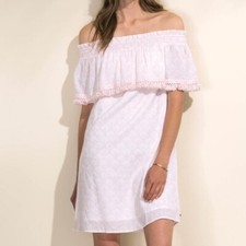 Hatley Olivia Dress Size L Scallops On or Off Shoulder Fringe Beachy Coastal EUC