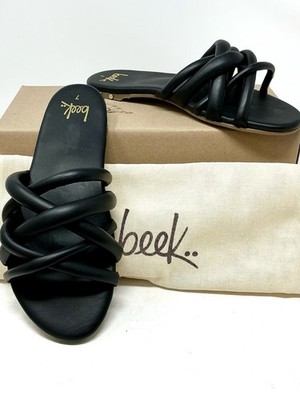 Beek Puffback Black Flat Crisscross Women Slides Slip On Sandals NIB
