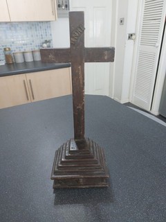 Vintage Wooden Standing Cross With Draw With Ineo Plaque Missing Figure