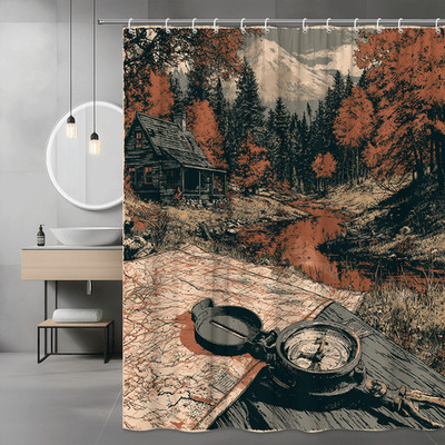 Forest Cabin Map Compass Shower Curtain Autumn Landscape