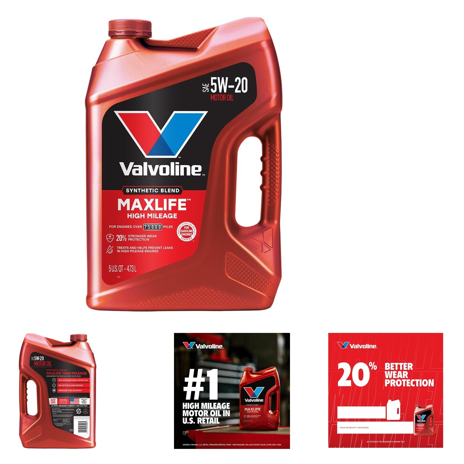 High Mileage Synthetic Blend Motor Oil 5W-20 with MaxLife Technology 5 Qt for