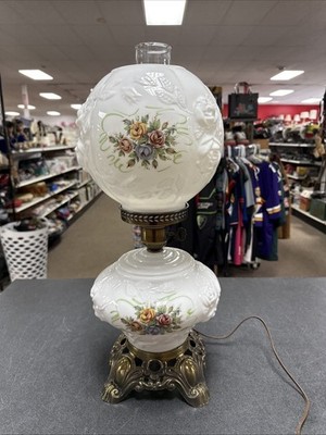 Vintage GWTW Milk Glass Double Globe Parlor Lamp w/ Pink Cabbage