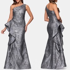 NEW XSCAPE Gunmetal Gray METALLIC RUFFLE One Shoulder JACQUARD Mermaid GOWN 12