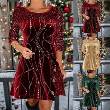 UK Ladies Vevet Sequins Christmas Dress Long Sleeve Xmas Party Mini Dresses SIZE