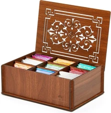 Wooden Tea Box Storage Oranizer Tea Bag Holder with 9 Compartments and Clear Lid