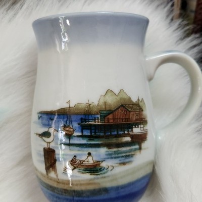 Otagiri Japan Hand Crafted Nautical Harbor Scene Ceramic Coffee Mug Blue Ombre
