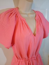 NEW Gap Short Sleeve Drawstring Waist Neon Blazing Pink Gauze Mini Dress sz S