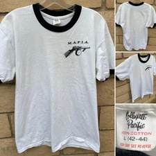 70s 80s Collegiate Pacific Mafia Ringer T Shirt L Mob Tommy Gun Graphic 