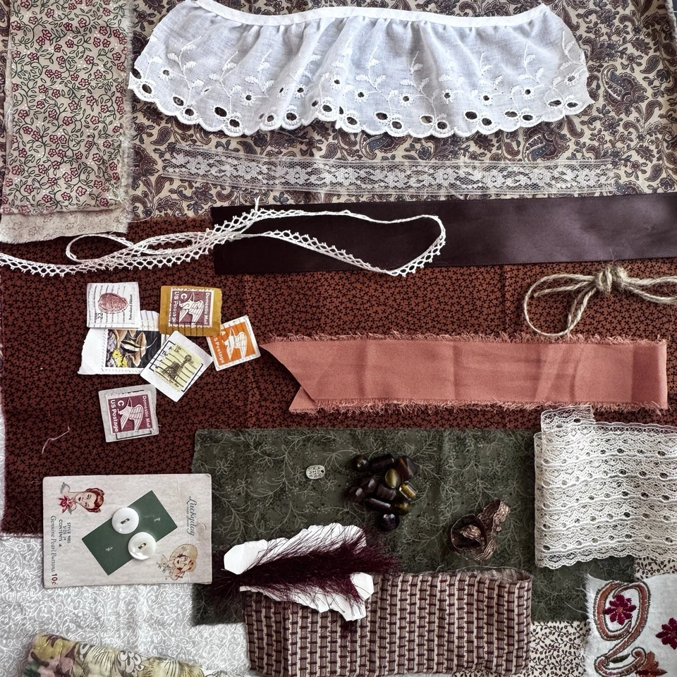 Kit de puntada lenta diario chatarra botones de tela cinta de encaje marrón blanco crudo ribete Foto 2 de 4