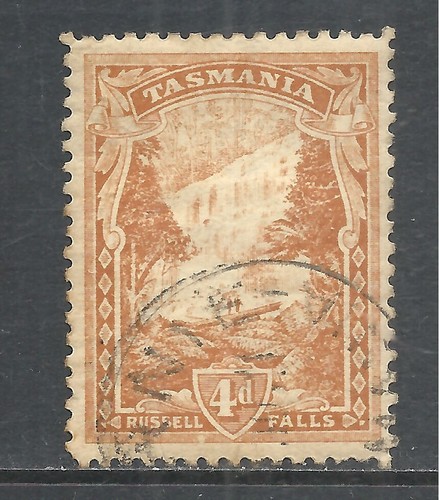 TASMANIA SCOTT 115a USED VF - 1911 4p OCHER RUSSELL FALLS ISSUE   CV $82.50   - Afbeelding 1 van 2