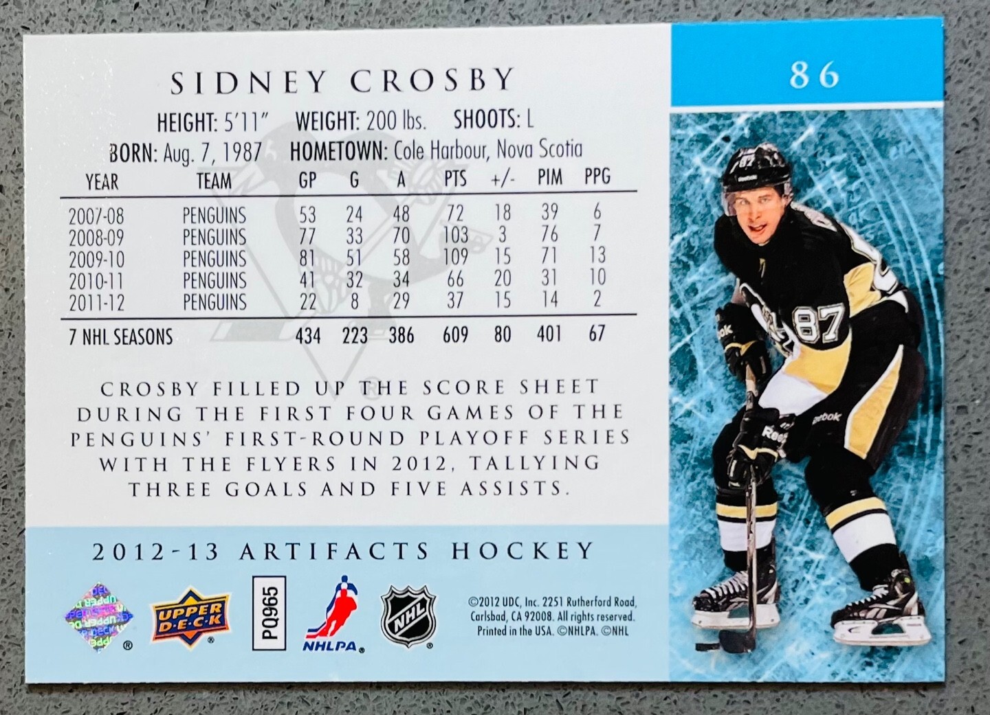 2012-13 Upper Deck Artifacts Hockey NHL #86 Sidney Crosby Base Card Penguins - Picture 2 of 2