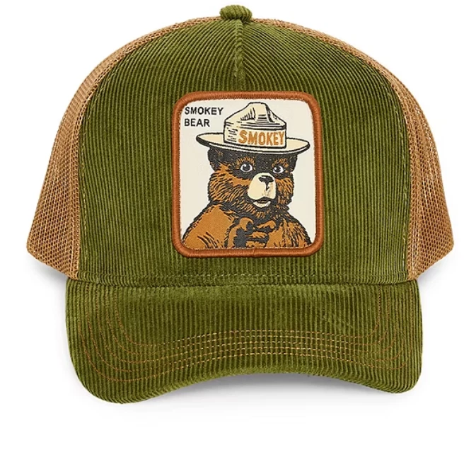 Smokey The Bear Patch Corduroy Mesh Snapback Trucker Hat Wildfires Men's