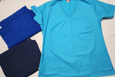 Women's XL Scrub Set-2 Blue O2 Bottoms/1 Bee Happy Medical Uniform Top