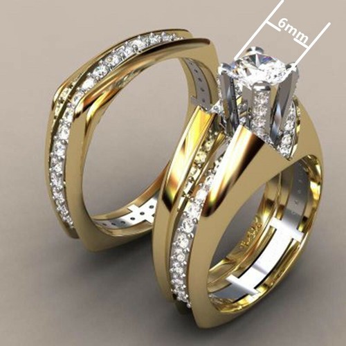 Juego de 2 anillos de lujo enchapados en oro amarillo de 18 K para mujer de zirconia cúbica talla 6-10 - Imagen 2 de 4