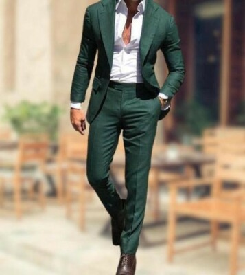 Men Linen Suit Green Notch Lapel Party Prom Groom Tuxedos Wedding Suits  Custom== | eBay