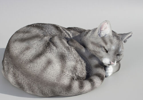 Sleeping Cat Figurine Memorial Statue Beloved Pet Loss Grave Ornament Grey Tabby - Afbeelding 1 van 5