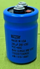Mallory 250 UF 250 VDC, pos 85c, Capacitor CGS251T250R2C